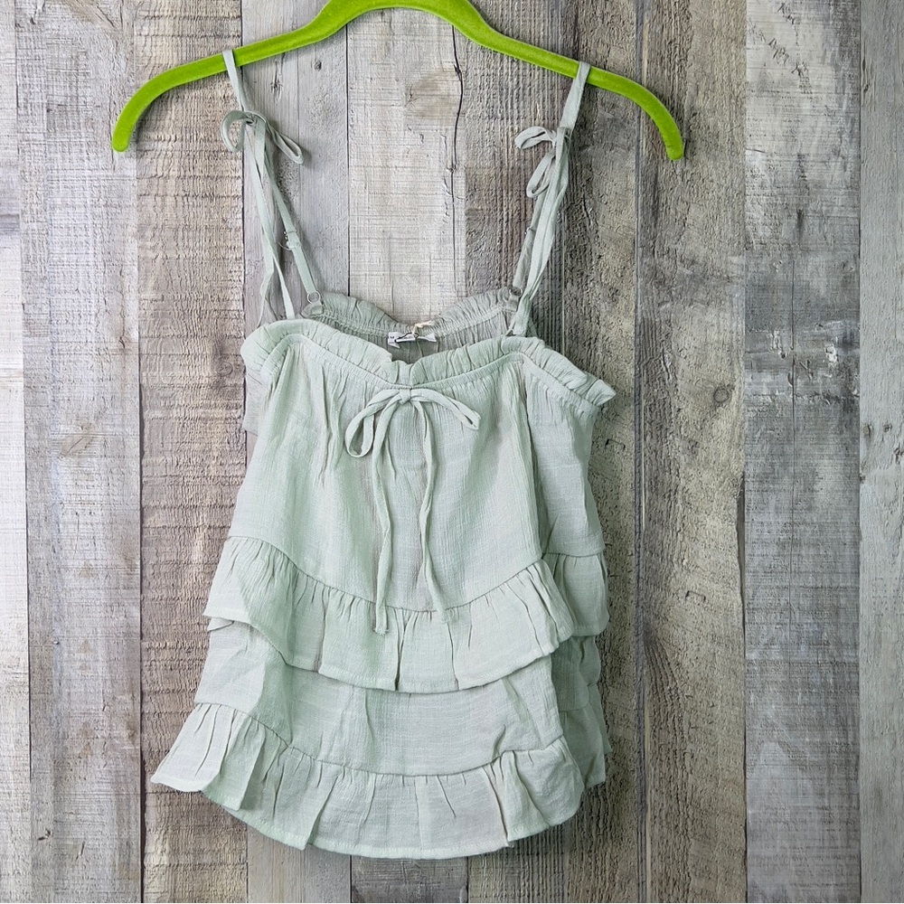 blu pepper Small Semi-Sheer Adjustable Strap Tiered Ruffle Style Top Mint Green
